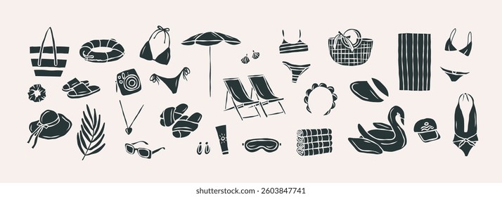 Flat vector doodle beach essentials collection