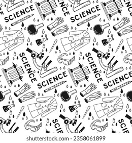 Flat vector doodle black and white science pattern. Simple sketch hand drawn seamless design. Black isolated science items on white chalkboard. Suitable for decoration, textile, wrapping, background