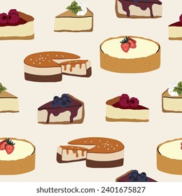 Flat vector doodle cheesecakes seamless pattern