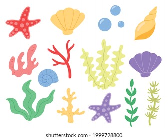 Flat vector doodle cute cartoon summer sea ocean underwater set. Algae, corals, starfish, shells, bubbles