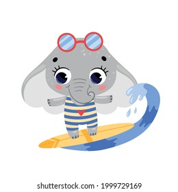 Flat vector doodle cute cartoon summer surfing elephant. Tropical animals on the beach