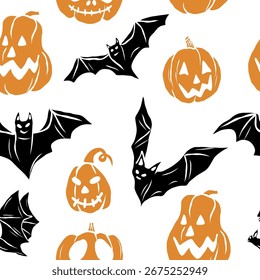 Flaches Vektordoodle Halloween Kürbis und Fledermaus Hintergrund