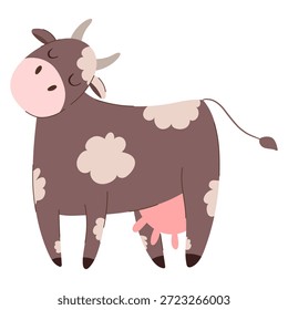 Ilustración de doodle de Vector plano de carácter de vaca adorable sobre fondo blanco. Adecuado para la marca de los niños, carteles, pegatinas y diseño de cuentos