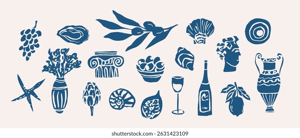 Flat vector doodle mediterranean elements collection