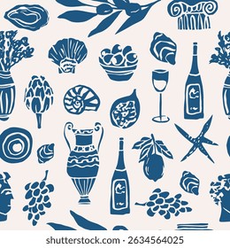 Flat vector doodle mediterranean seamless pattern
