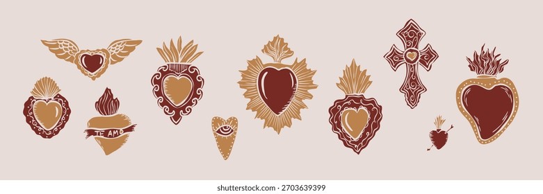Flat vector doodle sacred hearts set