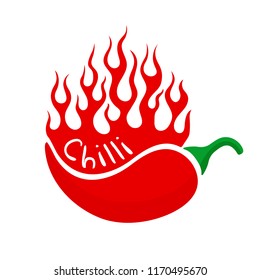 Flat vector drawing with chilli and blazing flames. Hot burning fire flame and red chili pepper isolated on white background. Vector illustration for restaurant design or spicy food menu