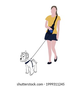 Flat vector drawing of a girl with a dog. Silhouette image of a running girl with a Yorkshire terrier. Urban infographics