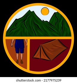 flat vector drawing of mountains, tents, and half-bodied people with yellow outlines.