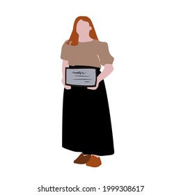 Flat vector drawing of a red-haired woman in a skirt. A silhouette image of a standing girl with a diploma in her hands. Urban infographics