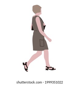 Flat vector drawing of a running woman. Silhouette image of a young business lady in a sandy dress. Urban infographics