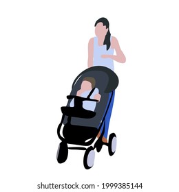 Flat vector drawing of a running woman with a stroller. Silhouette image of mom and baby. City infographics