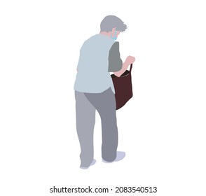 Flat vector drawing of a woman walking down the street. Silhouette image of an old lady. City infographics