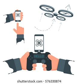 Flat Vector Drone Manipulation Smart Phone Illustration. 
