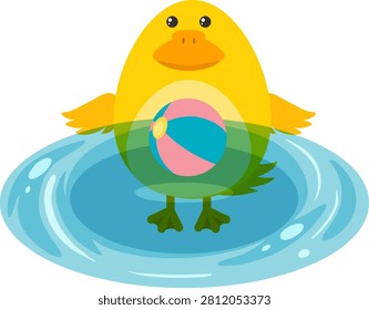 Flat vector duckling floating in blue water ripples holding a colorful beach ball.