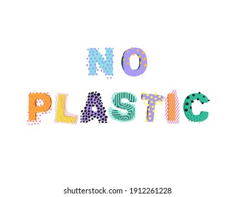 Emblema ecológico vector plano con letras de dibujos animados - No plástico, pegatina ecológica colorida
