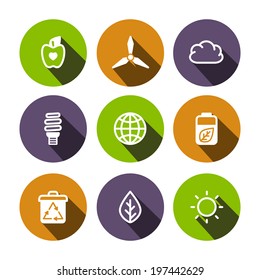 Flat vector eco multicolor (green, orange, violet) icons set