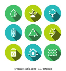 Flat vector eco multicolor (yellow-green, turquoise, light blue) icons set