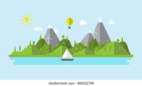 Flat vector ecology landscape island illustration with boat wind power plant and balloon coast scenery background