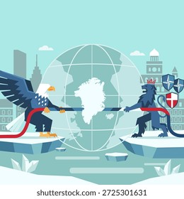 Flaches, redaktionelles Vektorgrafik eines geopolitischen Tauziehes über Grönland zwischen dem US-Adler und dem dänischen Löwen mit NATO-Verbündeten in einer polaren Arktis