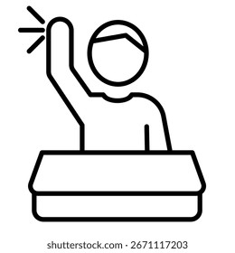 Icono plano de la educación del Vector del estudiante que levanta la mano en aula, contorno mínimo, diseño aislado