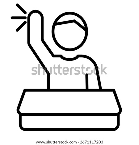 Flat vector education icon of student raising hand in classroom, minimal outline, isolated design