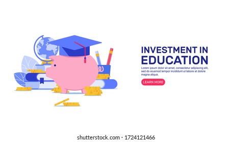 Flat vector Education web site concept banner. Modern landing page banner template with piggy bank, books, coins, globus, leaves, pencil and graduate hat. Investment in education creative illustration