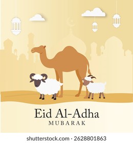 Ilustração do vetor plano Eid Al-Adha Mubarak com paisagem do deserto, camelo, ovelha, palmeira, silhueta de mesquita e lanternas árabes para mídia social e design de banner.