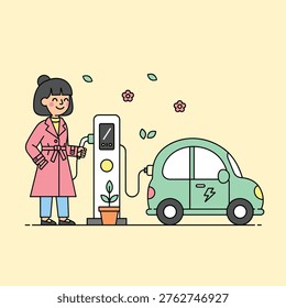 Flat Vector Electric Car Charging Station Scene