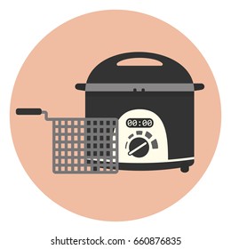 Flat vector electric home fryer icon, chip pan, kitchen appliance, deep frying machine