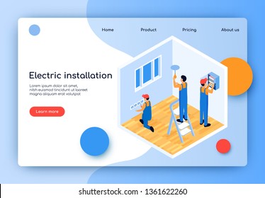 Flat Vector Electric Installation Landing Page. Male Electricians Repair and Update Electrical Wiring in Apartment. Installation and Replacement Electrical Appliances. Isometric Illustration.