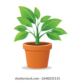 Flat vector of an elegant potted plant with detailed leaves and terracotta pot. Ideal for botanical branding, app design, eco projects, or home decor.