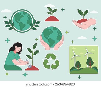 Flat vector element set for Environment Day featuring cartoon-style earth care, recycle icons, planting tree, and nature preservation. Great for eco, climate change, and sustainability content.