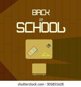  Flat vector elements illustration background. School and education. Top view on desktop. School supplies.