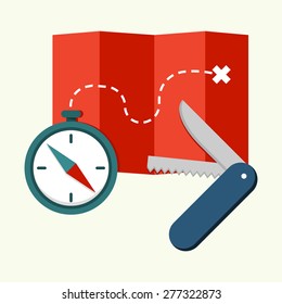 Flat vector elements on the subject of wilderness survival, camping and travel. Compass, map with path and penknife. Flat design vector illustration. For web and applications.