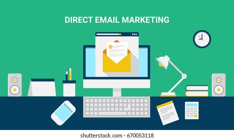 Flat vector of email marketing, direct email. newsletter advertising concept with icons and elements