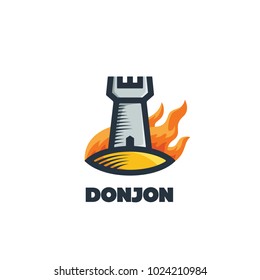 Flat vector emblem of burning tower or fortress. Outline donjon logotype