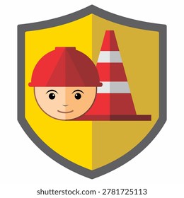 Flat Vector Emblem of Gold Shield with Safety Officer and Traffic Cone for Risk Management Logo