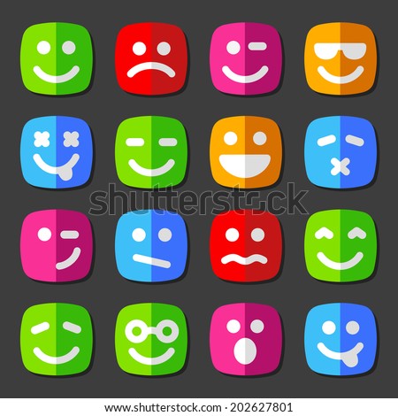 Flat vector emotion icons with smiley, cartoon faces