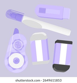 Flat vector of erasing tool set in purple pastel. Includes tapes, pens, erasers with clean and cute design.