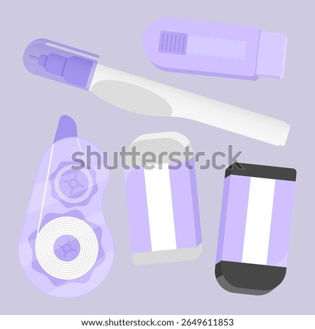 Flat vector of erasing tool set in purple pastel. Includes tapes, pens, erasers with clean and cute design.