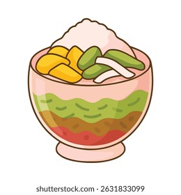 Flat vector of es teler, a popular Indonesian iced dessert made with coconut, avocado, jackfruit, cendol, and shaved ice in a transparent bowl.