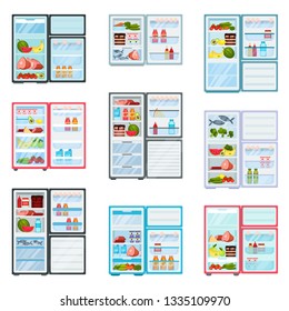 Flat vector et of fridges with open doors. Refrigerators filled with products. Fruits and vegetables, meat and dairy