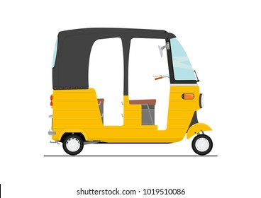 Flat vector exotic cartoon three wheeler tuk tuk rickshaw. Side view of transport vehicle.