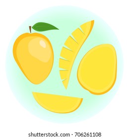 Flat vector exotic ripe orange mango set - fruit split in a half , quarter, cubes. Cute colorful tropical summer fruit