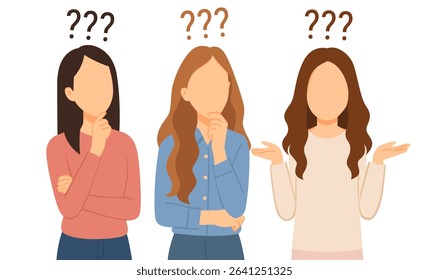 Flat vector expressive portraits of woman showing confusion, curiosity, and deep thought, capturing her moments of questioning and contemplation. Woman looking puzzled with question mark on head.