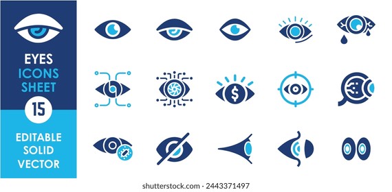 Flat vector eye icon collection. Duotone color. Vector illustration. Containing eye, eyes, red eyes, technology, sight, hyperopia and so on.