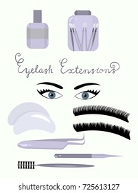 Flat vector eyes with long lashes and equipment for eyelash extensions isolated on white background.