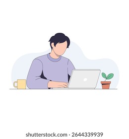 Flat vector of a faceless character working on a laptop at home with coffee mug and clean desk. White background, soft colors, perfect for animation or poster use.
