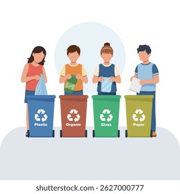 Flacher Vektor gesichtsloser Menschen, die Abfall in Mülleimer mit der Aufschrift Plastik, Bio, Glas und Papier recyceln. Weiche Farbpalette, einfaches Design für Öko-Bewusstsein.